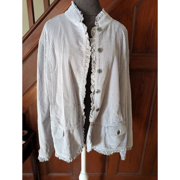 J.Jill Womens 3X Quartz Blue Corduroy Button-Up Jacket With Ruffle Trim NWT - Picture 1 of 8